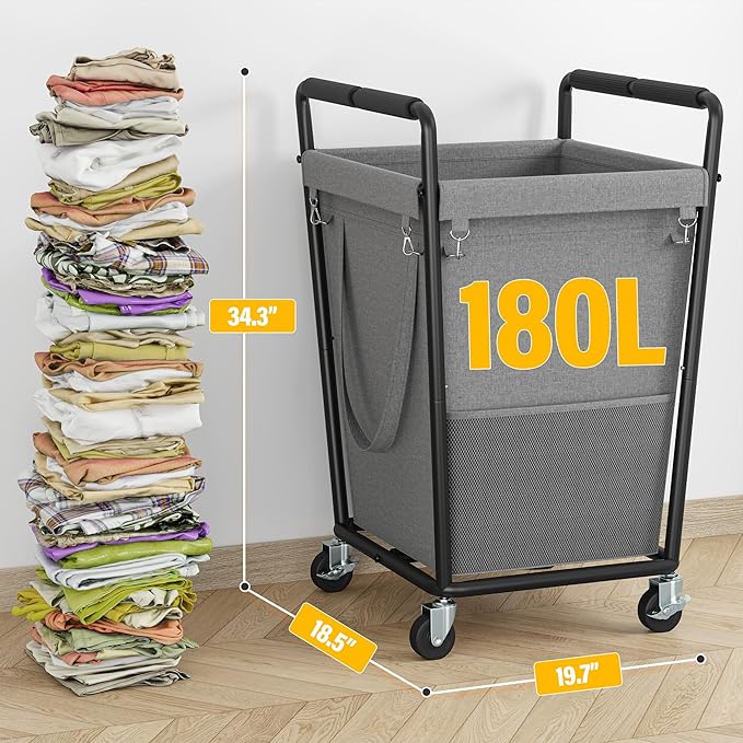 Laundry Basket with Wheels & Handles, 180L Laundry Cart with Removable Bag & Metal Frame for Clothes Storage, Laundry Room Organization Rolling Hamper with Wheels For Laundry, Dorm (Gray)