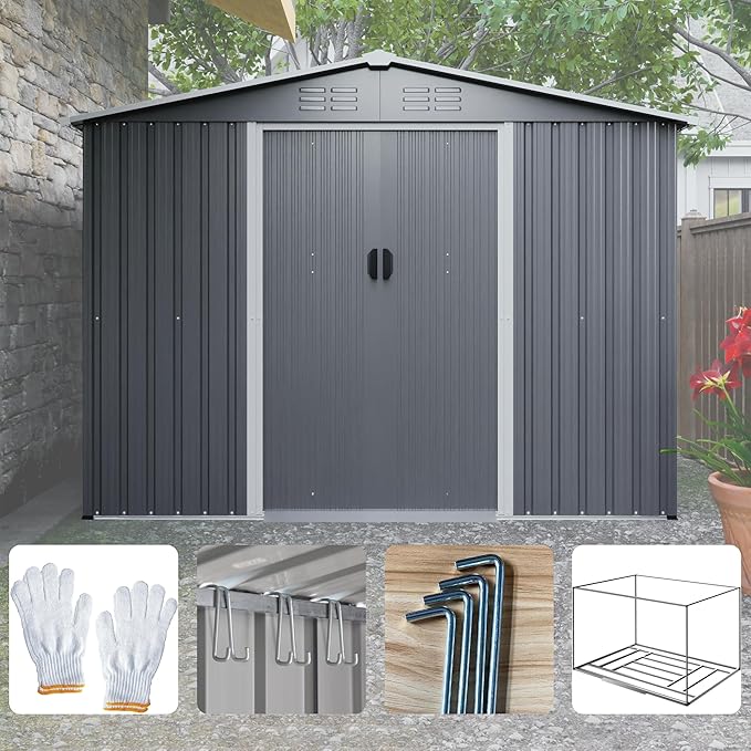 8 x 6 FT Outdoor Storage Metal Shed, Bike Garden Tool Shed with Slooping Roof, Lockable Doors and Aluminum Frames, Shed Easy to Assemble for Garden, Patio, Lawn, Black