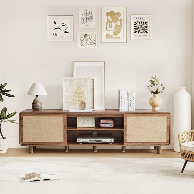 70" TV Stand with Slding Door for 55/60/65/80 Inch Television, Farmhouse Linen Decor TV Console with Storage, 2 Cable Holes & 6 Legs, Mid Century Wooden Entertainment Center for Living Room (Walnut)