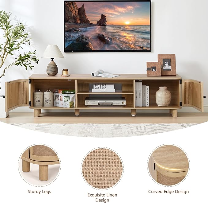 AVZEAR Curved Profile Farmhouse TV Stand for TVs Up to 70 Inches, Mid Century Modern Entertainment Center with Storage & Natural Linen Doors, Large Media Console for Living Room, Bedroom, Natural