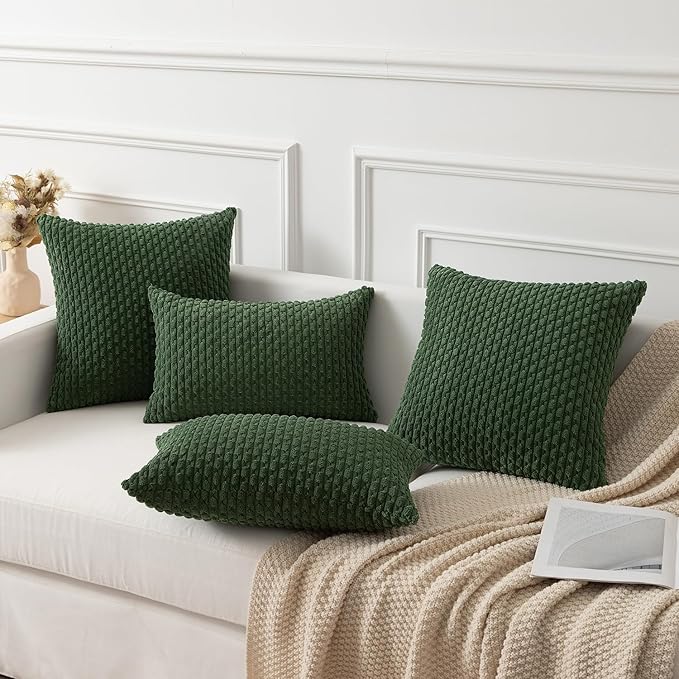 Kevin Textile Pack of 2 Corduroy Decorative Throw Pillow Covers 18x18 Inch Soft Boho Striped Pillow Covers Modern Farmhouse Home Decor for Sofa Living Room Couch Bed Dark Green