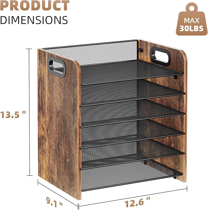 Marbrasse 6 Tier Paper Organizer Letter Tray - Wooden Desk File Organizer with Handle, Paper Sorter Organizer for Letter/A4 Office File Folder Holder