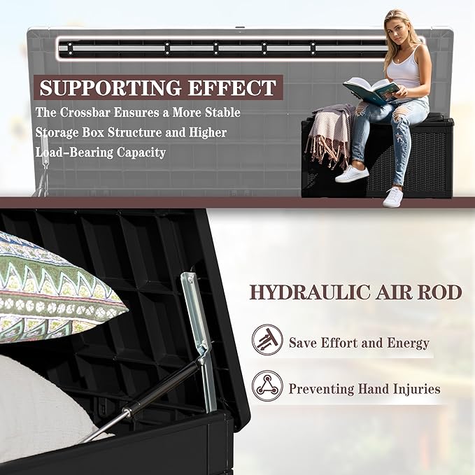 Greesum 100 Gallon Resin Deck Box Large Outdoor Storage Boxes with Cushions for Garden Tools, Patio Furniture Pillows, Pool Supplies, Black