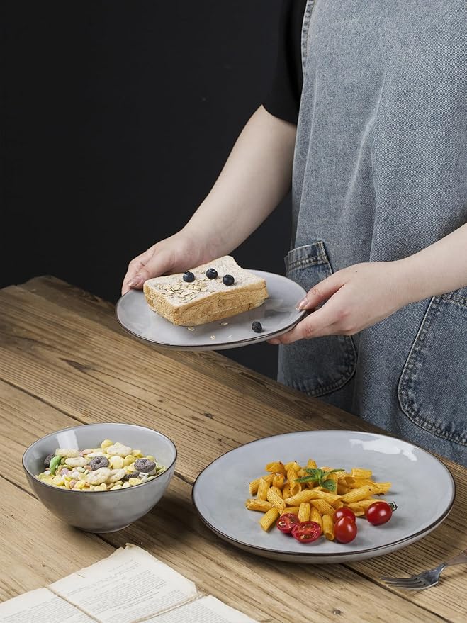 Famiware Dinnerware Sets for 4, Ocean Round 12-Piece Kitchen Plates and Bowls Sets, Reactive Glaze, Microwave and Dishwasher Safe, Scratch Resistant, Grey