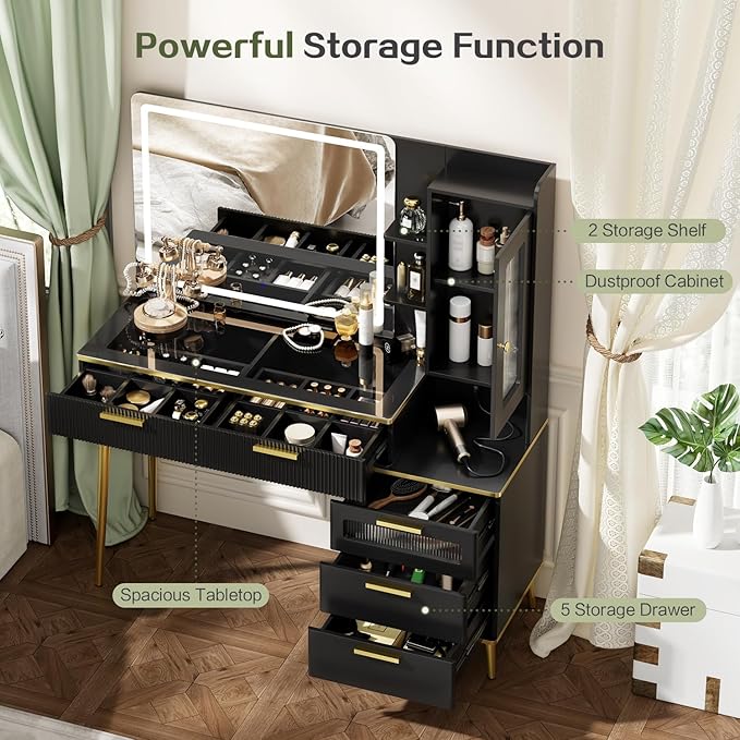 47.24" Big Modern Vanity Desk with Mirror and Lights,Makeup Vanity Desk with 5 Drawers and Storage Shelves & Power Outlet,Dressing Table with Glass Top, Black