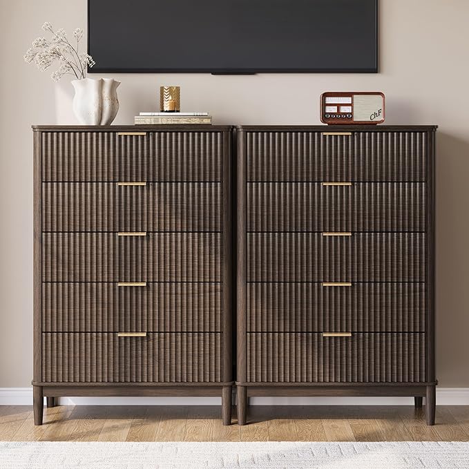 LINSY HOME Fluted Dresser for Bedroom with 5 Drawers, 46" Tall Chest of Drawers, Mid Century Modern Dresser with Metal Handle, Wood Closet Storage Cabinet for Living Room, Hallway, Walnut