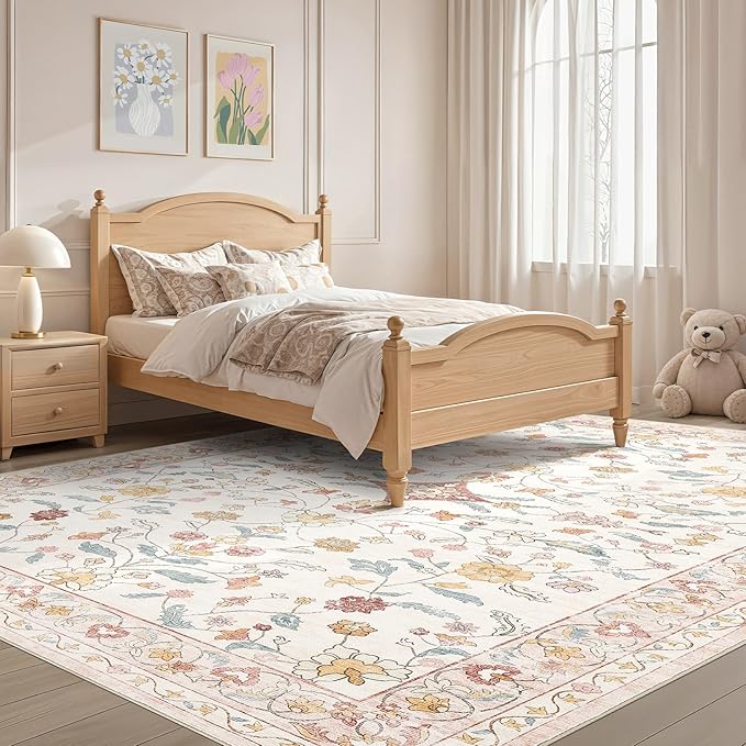 Nursery Rug 10x14 for Kids & Girls - Washable Vintage Large Floral Pink Area Rugs - Ultra Thin Stain Resistant Non Slip Carpets for Kids Playroom, Living Room, Bedroom, Dining Room, Office - Pink