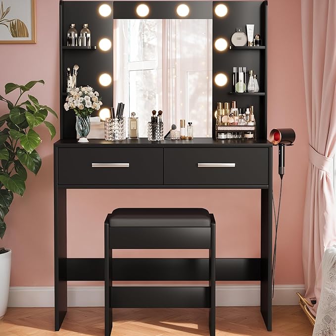 YESHOMY Vanity Desk with Mirror, Makeup Table with 2 Large Drawers, Power Outlet and Round Holder, 3 Color Modes Adjustable Bulb, Pure Black