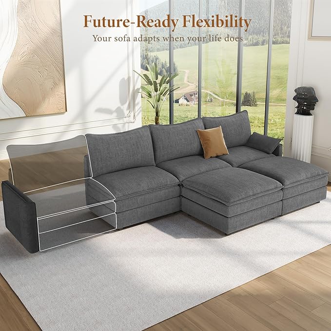 Vesgantti 108" U Shaped Sectional Couch, Comfy Cloud Modular Sectional Sofa with 2 Ottoman Deep Seat Chenille Modern Cloud Sofa, Modular Sofas for Living Room, Bedroom and Apartment, Gray