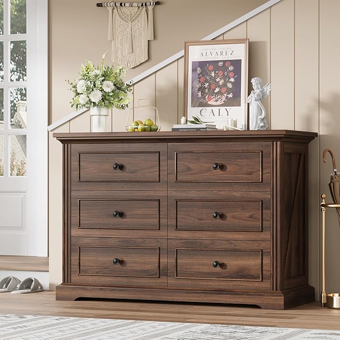 QUW Farmhouse 6 Drawer Dresser for Bedroom, 47" Wide Wood Chest of Drawers with Charging Station, Metal Handle, Modern Closet Clothes Storage Organizer for Living Room, Hallway, Entryway, Dark Walnut