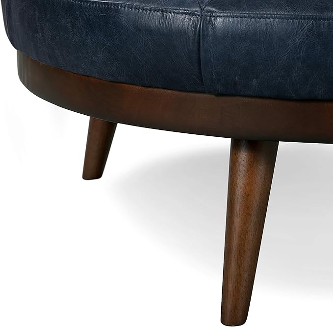 POLY & BARK Gio Modern Leather Ottoman Pouf (Midnight Blue)