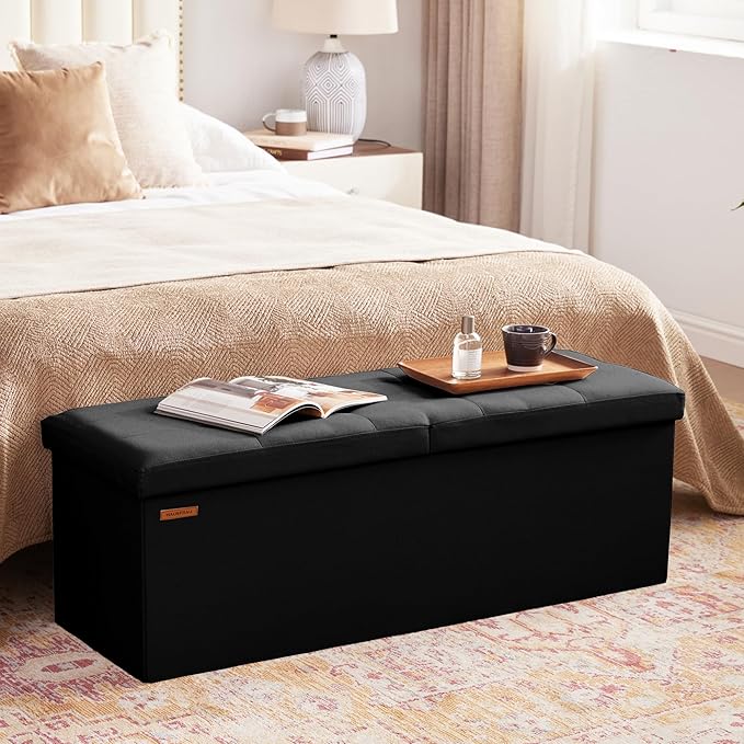 HAUSFRAU 43.3 Inches Ottoman with Storage Bench, Folding Ottoman Bench Foot Rest Stool, Bedroom Bench with Flipping Lid, Linen Black