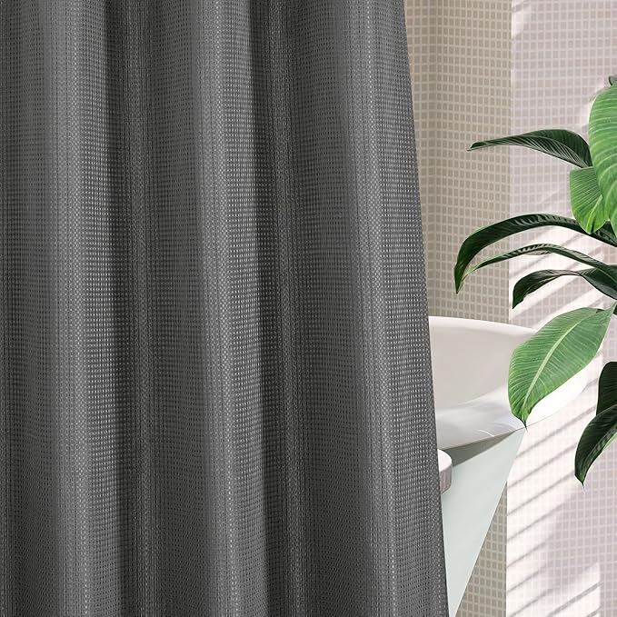MitoVilla No Hooks Needed Grey Waffle Shower Curtain with Snap-in Liner, Modern Waffle Weave Heavy Duty Fabric Cloth Shower Curtain for Luxury Neutral Hotel Spa Bathroom Decor, 72 x 74, Charcoal Grey