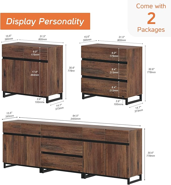 WAMPAT Modern TV Stand for TVs up to 100 inch, 3 in 1 TV Console with Adjustable Shelves and 3 Drawers, Media Console for Living Room, Bedroom, Brown