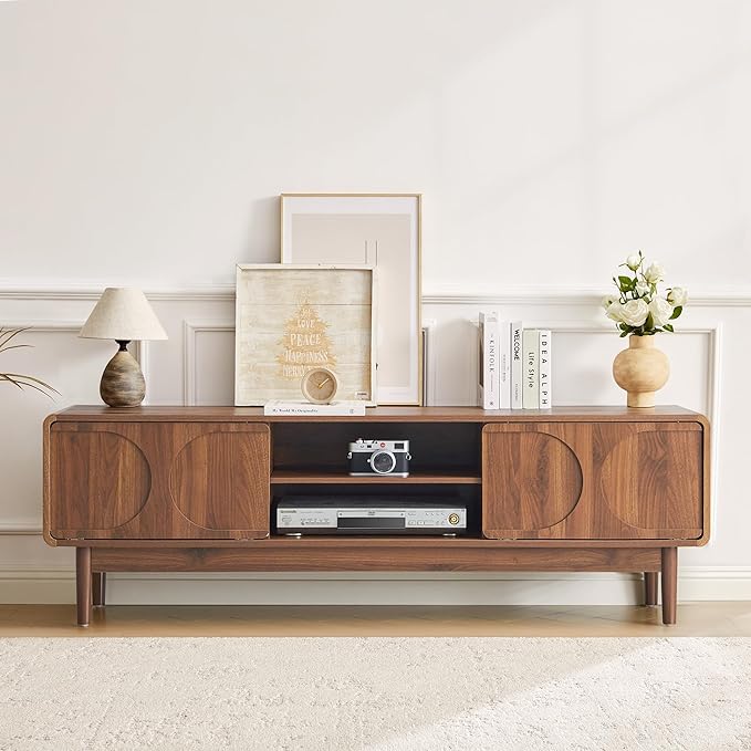 Mid-Century Wood TV Stand Cabinet for Television 55/60/65 Inch, 59" Long TV Console with Adjustable Storage Shelf and Arch Sliding Door, Media Center Cabinet for Living Room, Bedroom (Wanlnut)