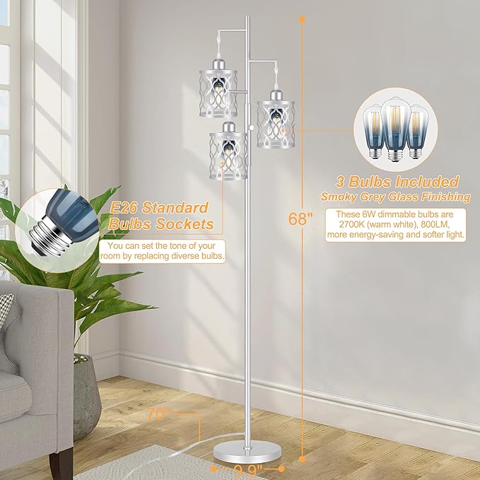 68" Farmhouse Floor lamp, Dimmable Industrial Floor Lamps for Living Room, 3 Light Rustic Standing Tall Lamp Including 3 PCS 6W Edison Bulbs, Tree Floor Lamp for Bedrooms Room, Office, Bar, Silver
