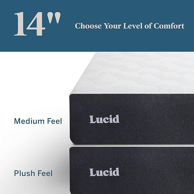 LUCID 14 Inch Memory Foam Mattress - Plush Feel - Memory Foam Infused with Bamboo Charcoal and Gel - Temperature Regulating - Pressure Relief - Breathable - Premium Support - Twin XL Size