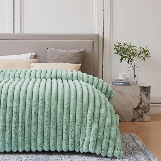 Faux Fur Throw Blanket for Couch, Cozy Warm Plush Striped Blanket for Sofa Bedroom Living Room, 50x60 Inches Sage Green