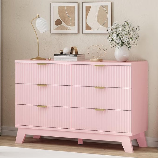 Fluted Dresser for Bedroom with 6 Drawers, 48" Wide Modern Chest of Drawers with Metal Handle, Wooden Dresser TV Stand, Wood Closet Clothes Storage Drawer Organizer for Living Room, Hallway, Pink