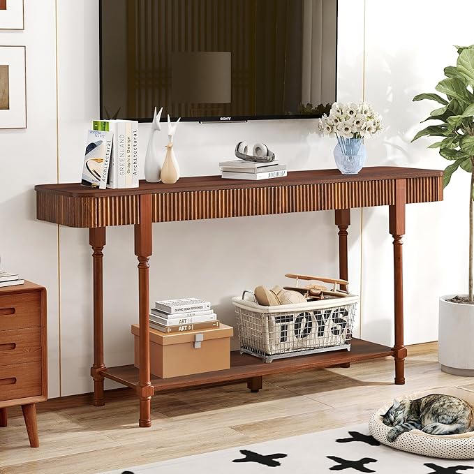 63”Console Table with 2 Drawers,Retro Entryway Table with Fluted Panel & Storage Shelf,Narrow Long Behind Couch Tables Accent Sofa Table with Solid Wood Legs for Living Room Foyer Hallway(Walnut)