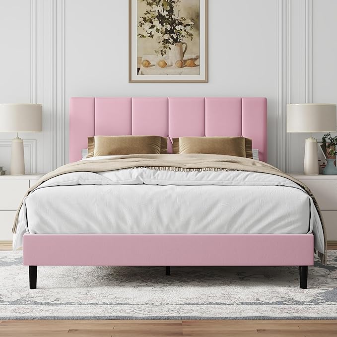 Queen Size Bed Frame, Platform Bed Frame with Velvet Upholstered Headboard, Queen Upholstered Mattress Foundation with Strong Wooden Slats, No Box Spring Needed, Noise Free, Easy Assembly