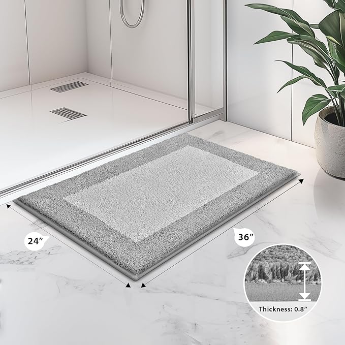 Bathroom Rugs 24" x 36", Non-Slip Extra Soft Absorbent Bath Rugs, Machine Washable Quick Dry Bath Mats for Bathroom Floor, Shower, Bathtub and Sink, Light Grey & Grey
