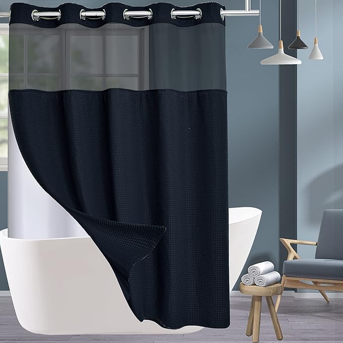Extra Long No Hook Waffle Weave Shower Curtain with Snap in Liner Set, Hotel Luxury Black Shower Curtains for Bathroom with See Through Top Window, Waterproof, Washable 71W x 84H