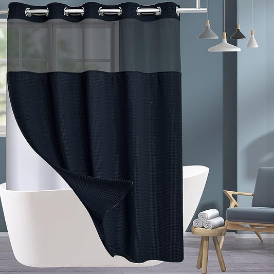 Extra Long No Hook Waffle Weave Shower Curtain with Snap in Liner Set, Hotel Luxury Black Shower Curtains for Bathroom with See Through Top Window, Waterproof, Washable 71W x 84H