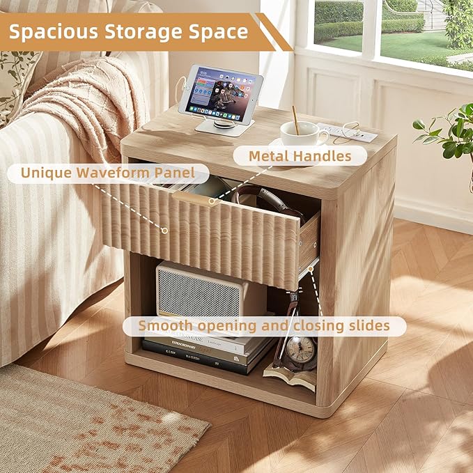 LEYAOYAO Fluted Farmhouse Nightstand Set of 2 with Charging Station, 23" Wide 1 Drawers Night Stand,Natural Dresser for Bedroom,Bed Side Table Chest of Drawers,Wood End Table for Living Room