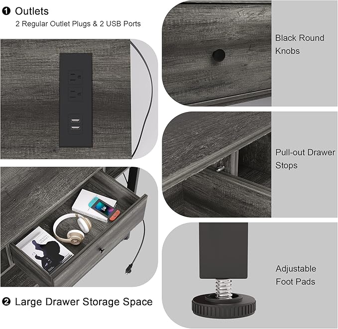 Mexin 39 Inch Console Table with 2 Outlet and 2 USB Ports, Entryway Table with Drawer and Storage Shelves, Narrow Sofa Table for Living Room and Hallway, Grey Oak