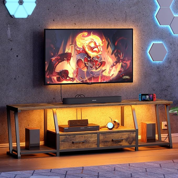 LED TV Stand with Fabric Drawers for 80 Inch TV, Entertainment Center with Power Outlets and Open Storage Shelves, Industrial Media TV Console Table for Living Room, Bedroom, Rustic Brown