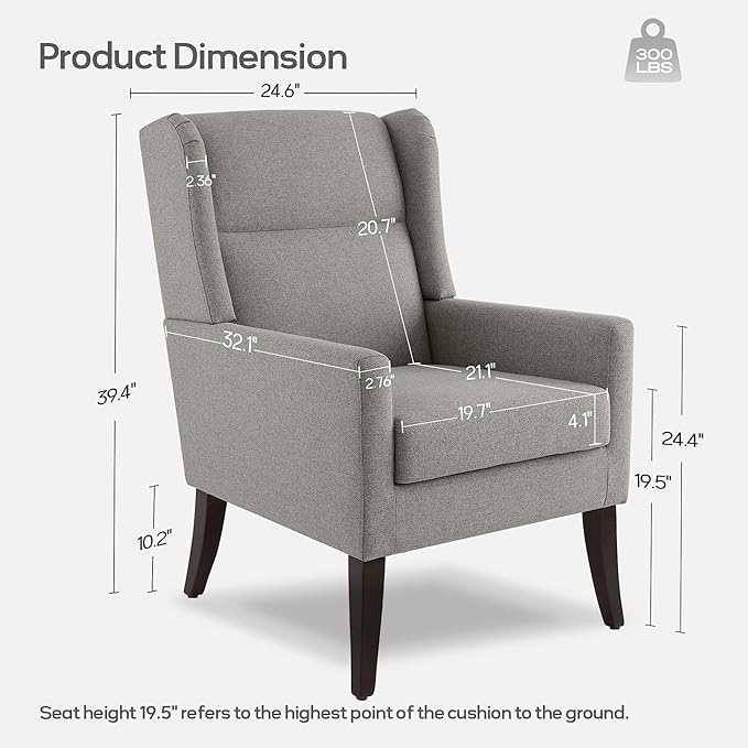 High Back Living Room Chairs, Fabric Accent Chair, Comfy Upholstered Armchair with Wooden Legs for Living Room, Bedroom, Apartment (2, Grey)