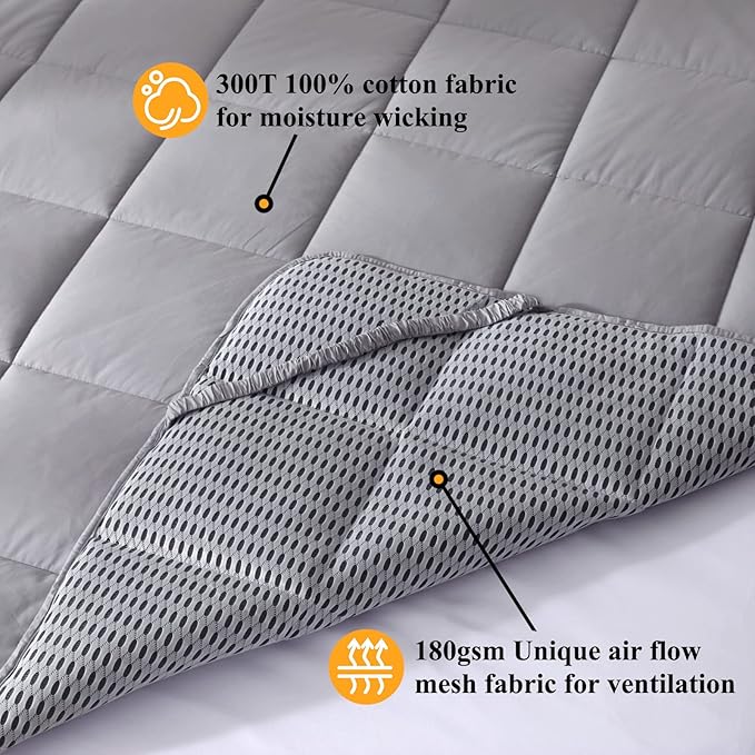 Cooling Mattress Pad Cover (Twin - Grey), Topped with 100% Cotton Cover and Mesh Shell Underlay, Snow Fiber Filled, Soft, Temperature Regulated, Premium Mattress Protector, Machine Washable