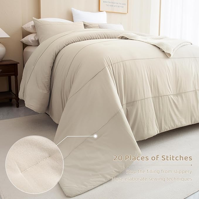 Sanracie Oversized King Comforter 120 * 120, Cotton Comforter King Size Extra Large, Wheat Pinch Pleated Bed Set Linen Feel Textured 3pcs Soft Lightweight Neutral Oversized King Bedding