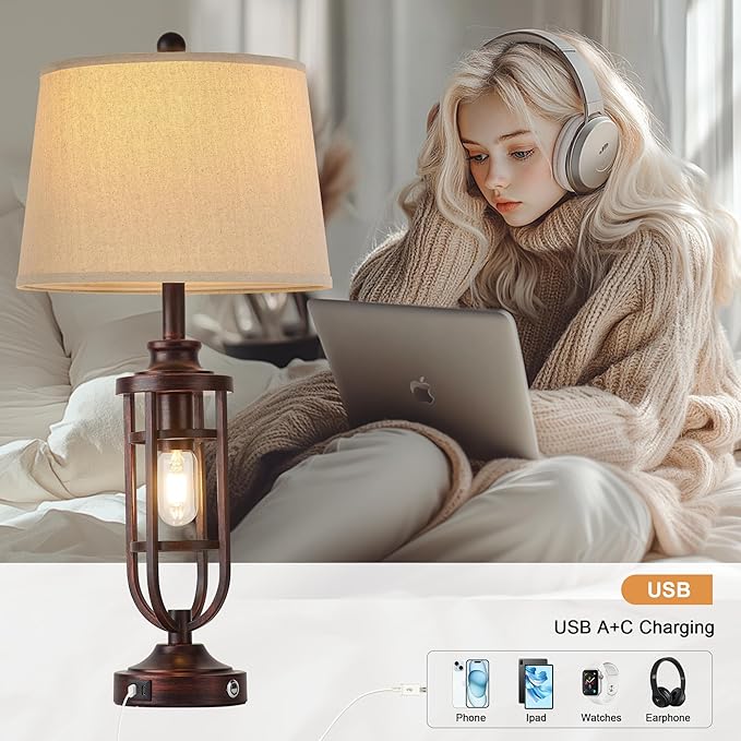 28" Table Lamps for Living Room Set of 2, Farmhouse Bedroom Lamps for Nightstand with USB A+C, Rustic Bedside Lamps for End Tables, Bulbs Included