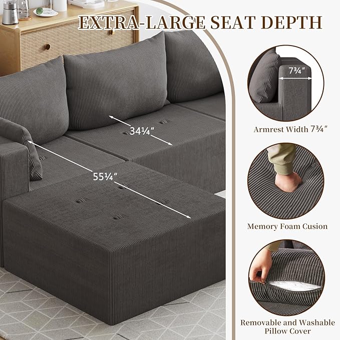 105" Cloud Sectional Sofa, L-Shape Sectional Couch, Modern Corduroy Sofa with Chaise Lounge, No-Assembly Required, Deep Seat Modular Cloud Couch for Living Room, Apartment, Gray