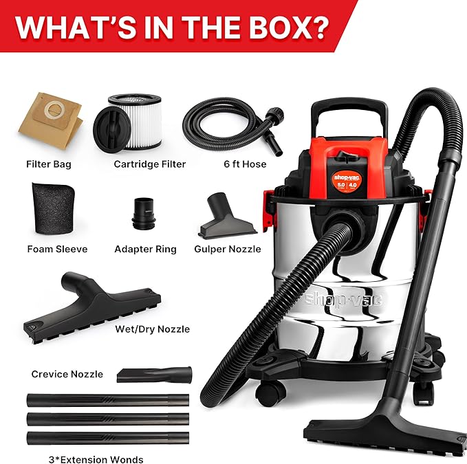 Shop-Vac 5 Gallon 4.0 HP Wet/Dry Vacuum with Blower Function, Stainless Steel Tank, Portable Shop Vacuum with Wheels, Includes Filters, Hose & Accessories, Ideal for Garage and Workshop
