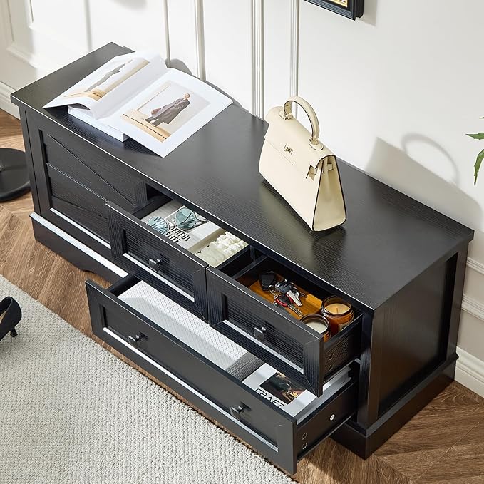 LIDYUK 3 Drawer Black Dresser for Bedroom Farmhouse Dresser Chest of Drawers, 48" End of Bed Storage Bench Wide Chest of Drawers for Bedroom, Living Room