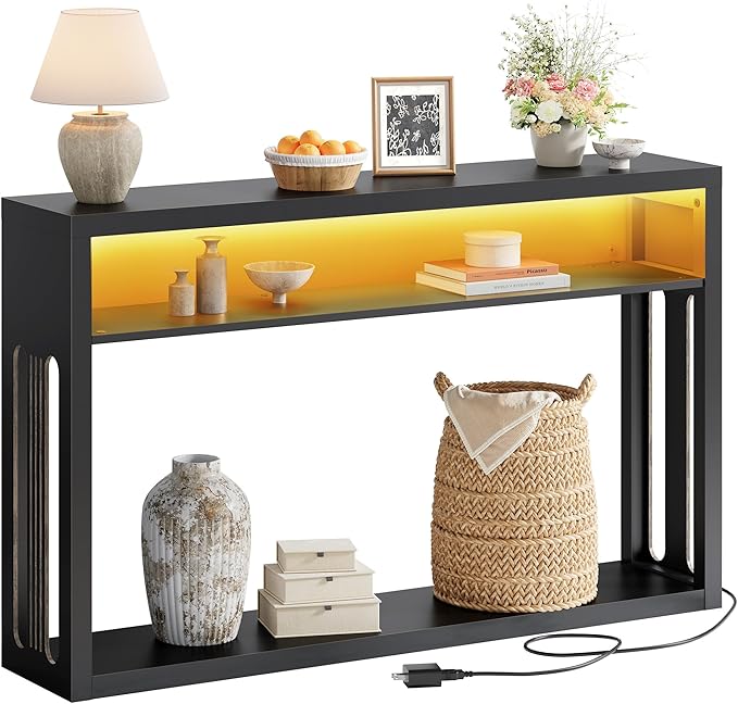 FAVOOSTY 47.2" Farmhouse Console Table with Storage, Entryway Console Table with Led Light, 2-Tier Entryway Table Sofa Table Behind Couch Table Hallway Stand for Living Room,Foyer,Entrance Black