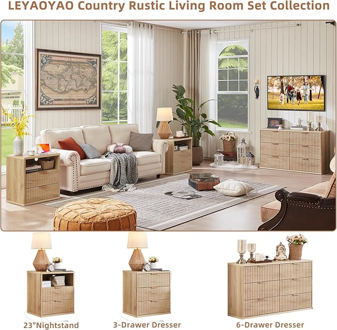 LEYAOYAO Fluted Nightstand Set of 2 with Charging Station,23" Modern Nightstand with Woodgrain Top, 2 Drawer End Table w/Storage, BedsideTables for Bedroom, Living Room, Curved Profile,Wood