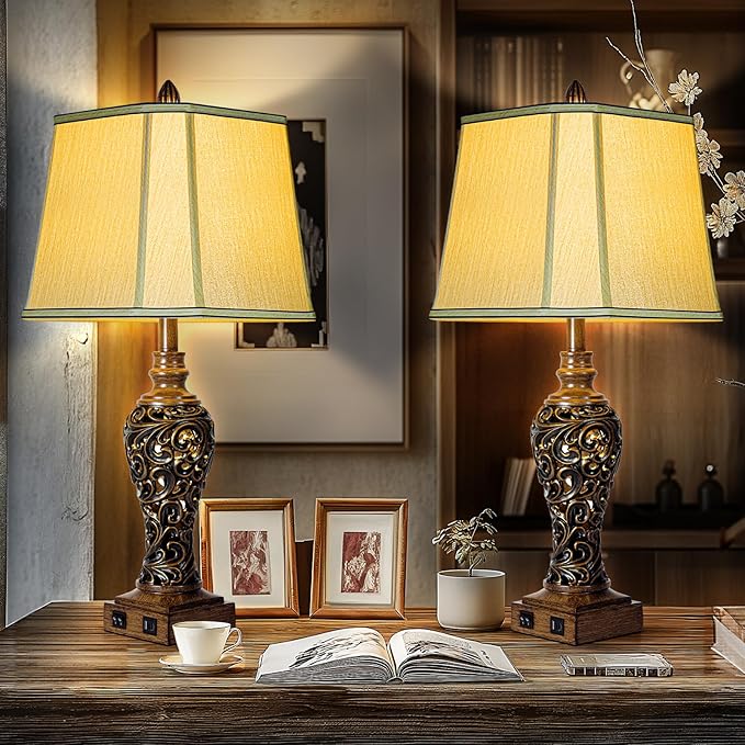 28.5'' Tall Farmhouse Vintage Table Lamp Set of 2 with Faux Silk Shade USB Ports Nightlight Decor for Bedside Living Room Bedroom Nightstands Office Home, Dark Bronze(Bulbs Included)
