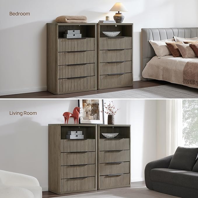 SICOTAS Dresser for Bedroom - Tall Dressers & Chests of Drawers with 4 Drawers Large Modern Dresser for Closet Fluted Wide TV Stand Clothes Closet Storage for Bedroom Hallway Entryway, Grey Alder