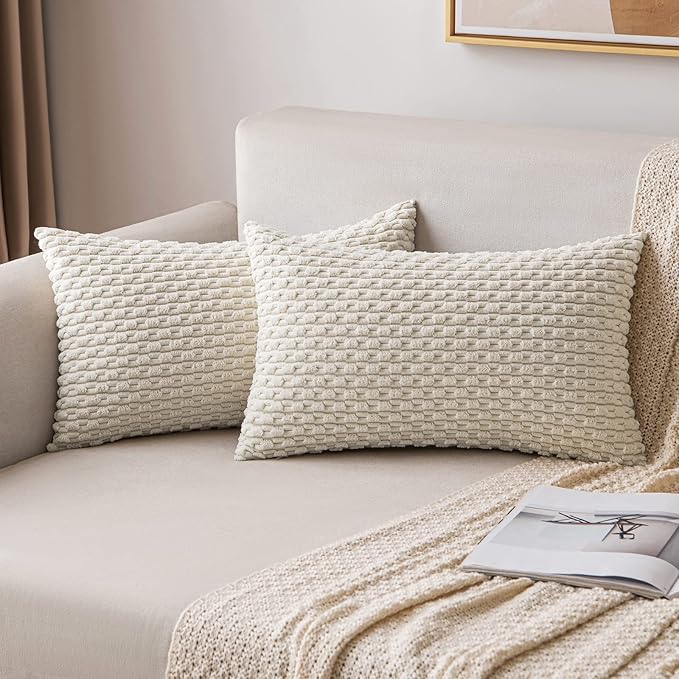 MIULEE Throw Pillow Covers Soft Corduroy Decorative Set of 2 Boho Striped Pillow Covers Pillowcases Farmhouse Home Decor for Spring Couch Bed Sofa Living Room 12x20 Inch Cream White