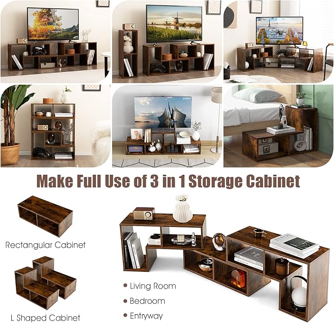 GOFLAME 3 Pieces TV Console Stand, Modern Entertainment Center for 50 55 60 65 Inch Flat Screen TV, Free Combination Bookcase for Storage & Display, Suitable for Living Room, Bedroom (Brown)