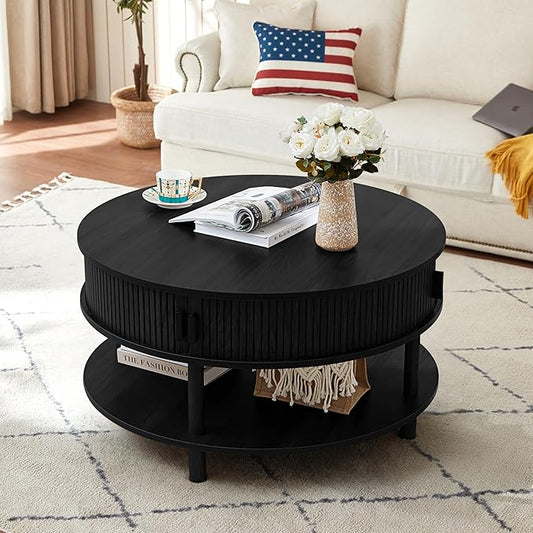 RARZOE 31.5" Round Coffee Table with Storage, Wood Circle Coffee Table with Sliding Cabinet Doors, Fluted Dining Table Accent Center Table for Living Room Home Office Apartment, Black