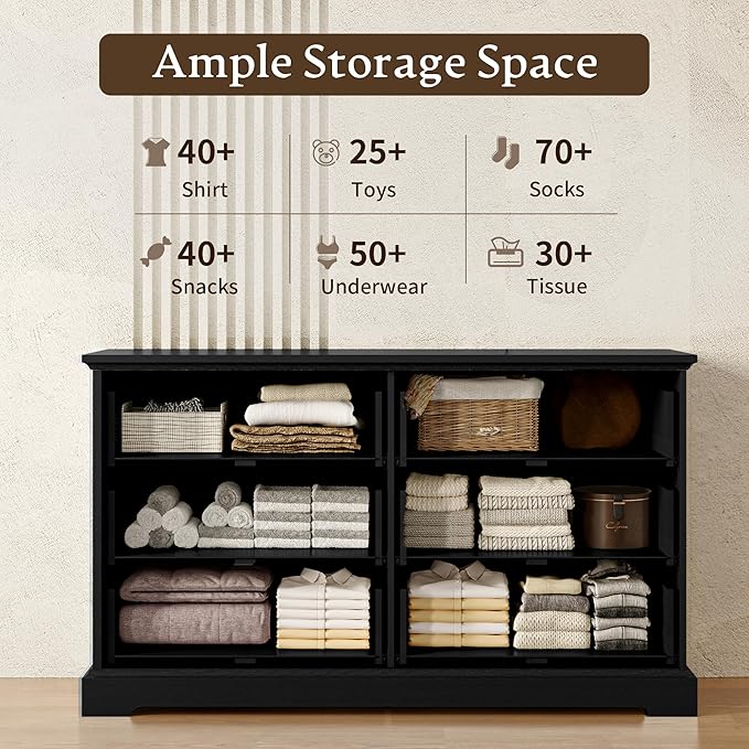 Farmhouse 6 Drawers Dresser for Bedroom, 48" Wide Modern Chest of Drawers with Deep Drawers & Bar Handles, Rustic Wood Dresser TV Stand, Wooden Closet Storage Organizer for Living Room, Hallway, Black