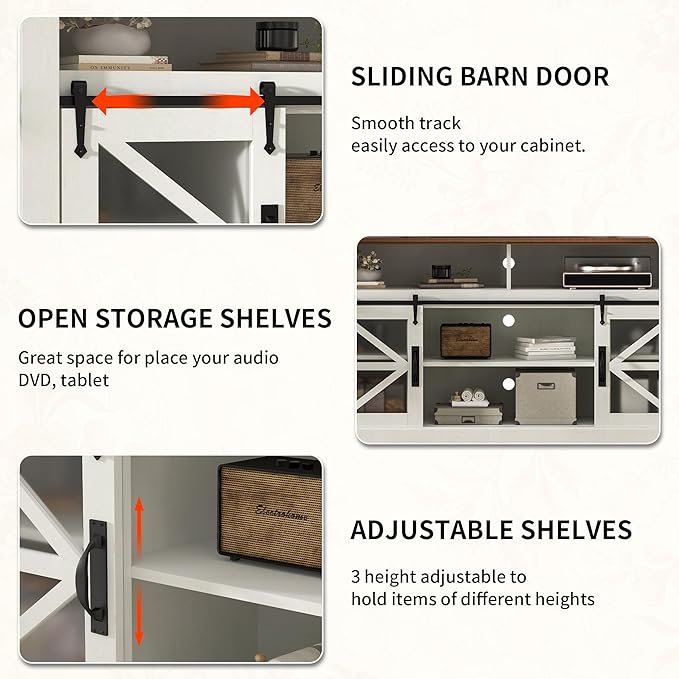Farmhouse TV Stand,60-Inch TV Entertainment Center with Storage,Sliding Barn Doors and Adjustable Shelves,Suitable for TVs 24-70 Inches,for Living Room,Bedroom and Office