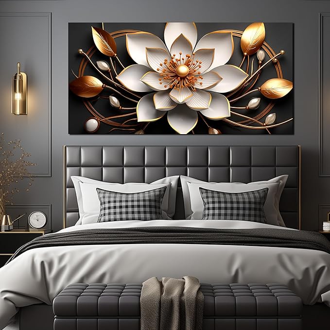 Large Artwork Canvas Wall Art for Living Room Office Room Bedroom Decor Wall Painting White and Gold Flowers Picture Modern Decorative Painting with Frame Ready to Hang Canvas Decor Size 30x60