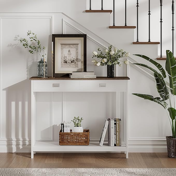ChooChoo Farmhouse Console Table with Drawer, Mission Narrow Entryway Sofa Table with Storage, for Entryway, Living Room and Hallway, Soft White and Brown