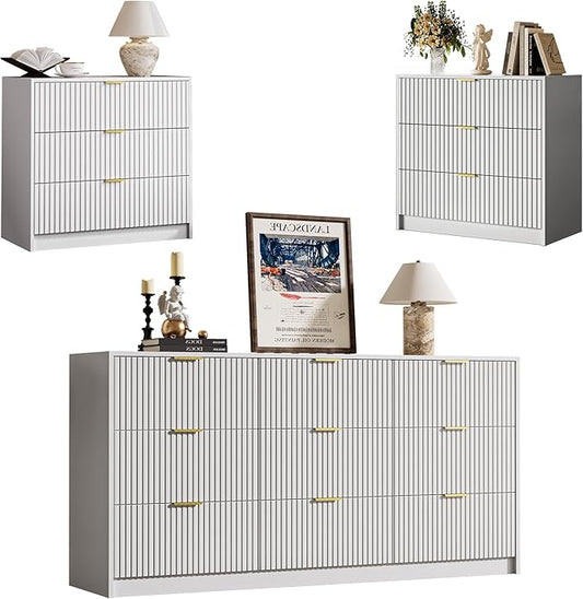 3-Piece Dresser Bedroom Set, 9 Drawer Dresser & 3 Drawer Nightstands with Gold Handles, Fluted Wood Chest of Drawers for Bedroom, Living Room, Entryway, White